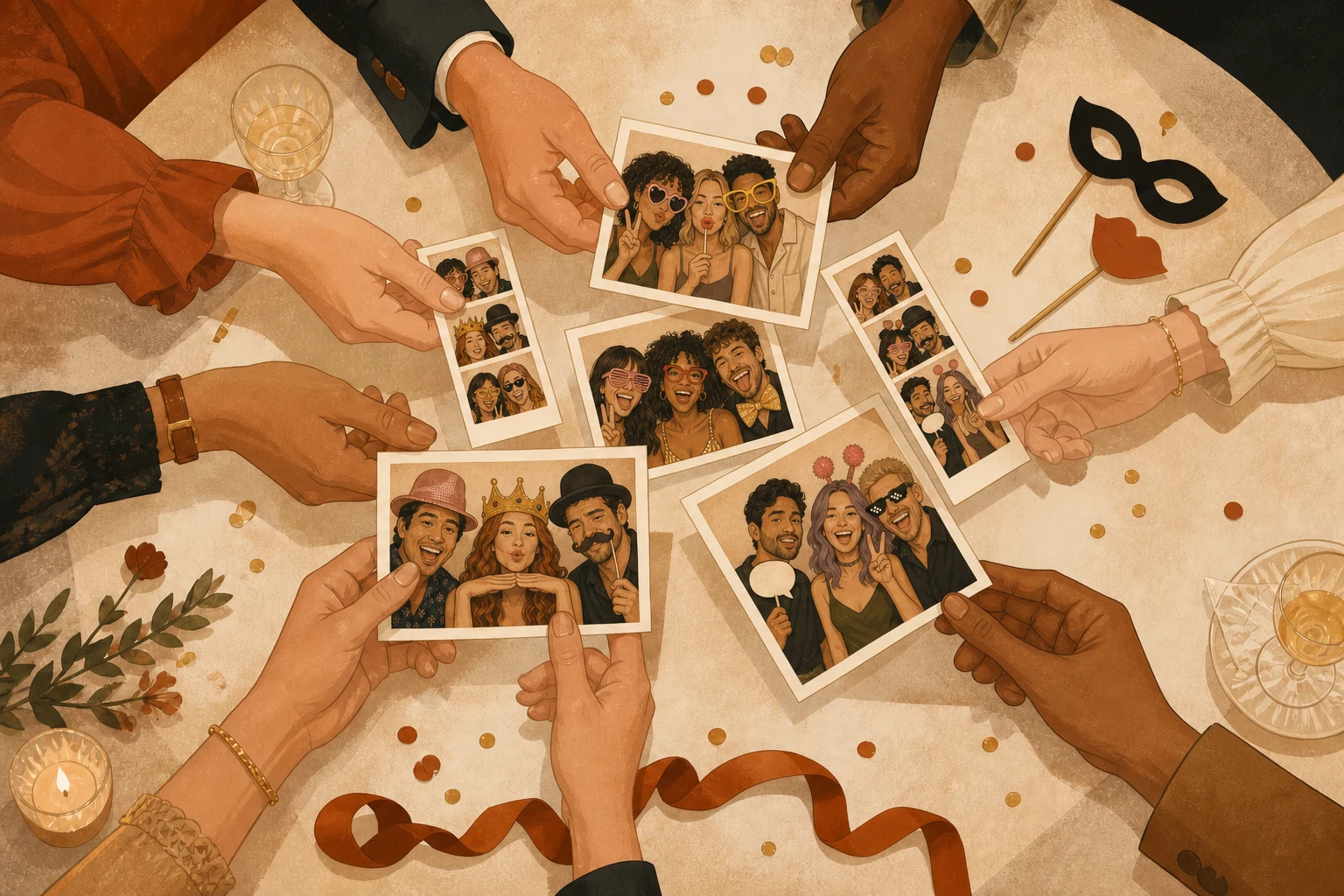 Illustrierte Hände, die gemeinsam Fotoausdrucke ansehen