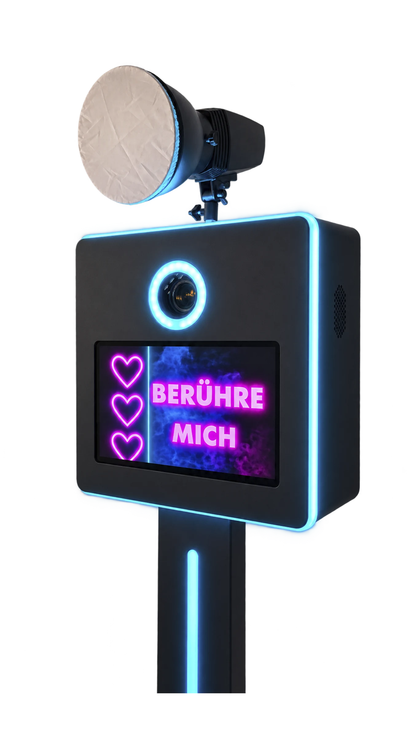 Schwarze FokusKiste Fotobox mit Kamera, Touchscreen und Studioblitz